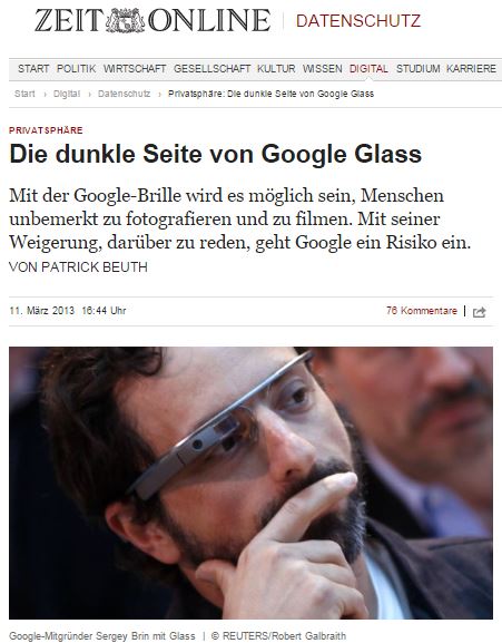 Artikel der Zeit Online - Die Dunkle Seite von Google Glass